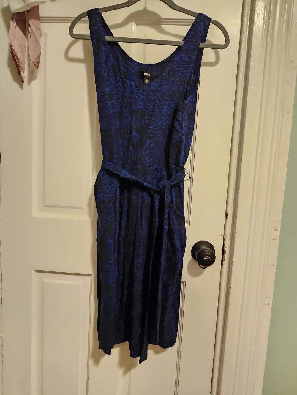 Blue Patterned Sleeveless Belted Women's Dress